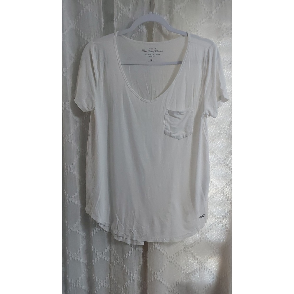 Hollister Must Have White V-Neck Pocket T-Shirt Womens Medium Basic Tee